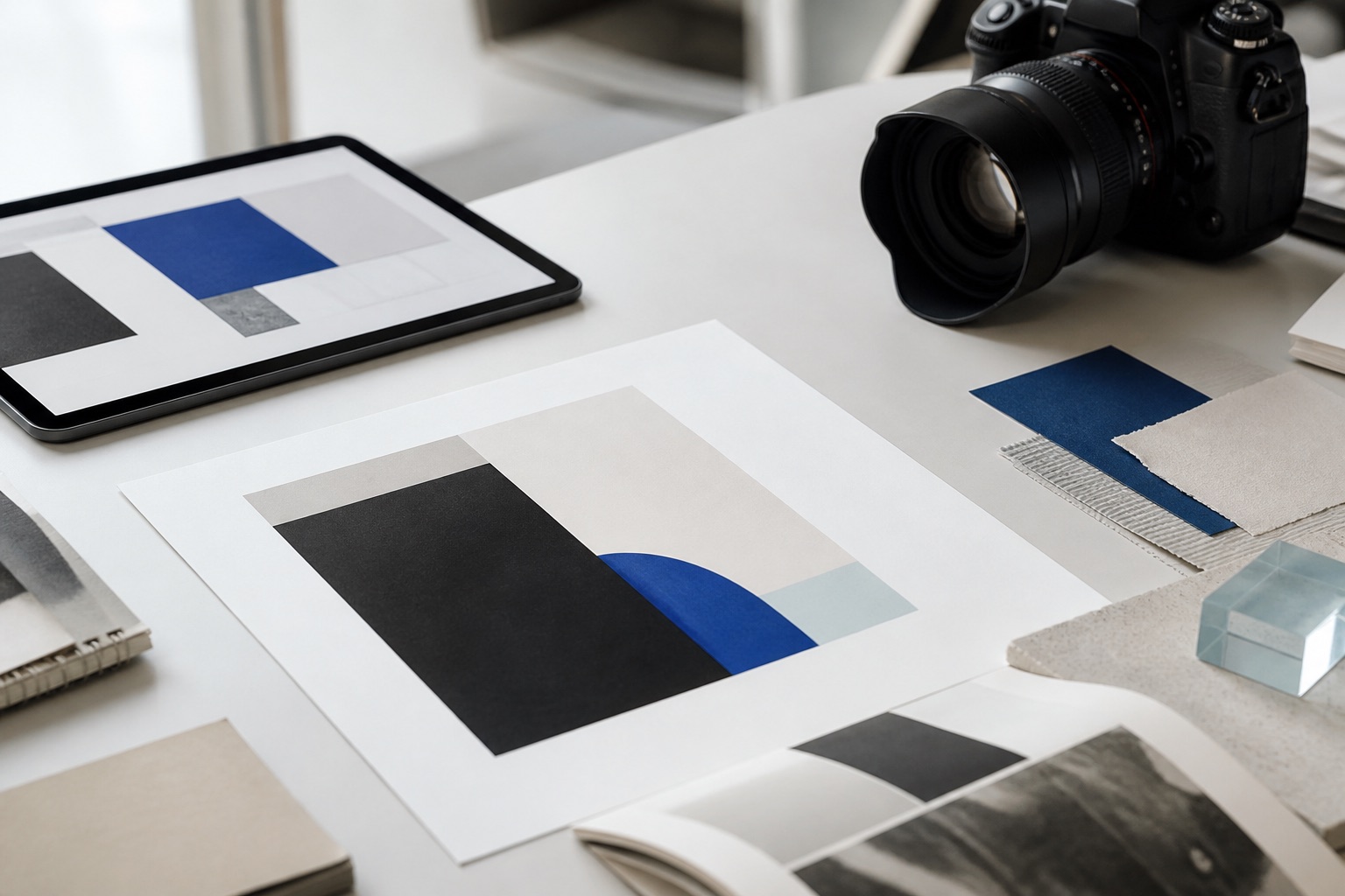 A camera, visual boards and digital layouts in a bright creative studio